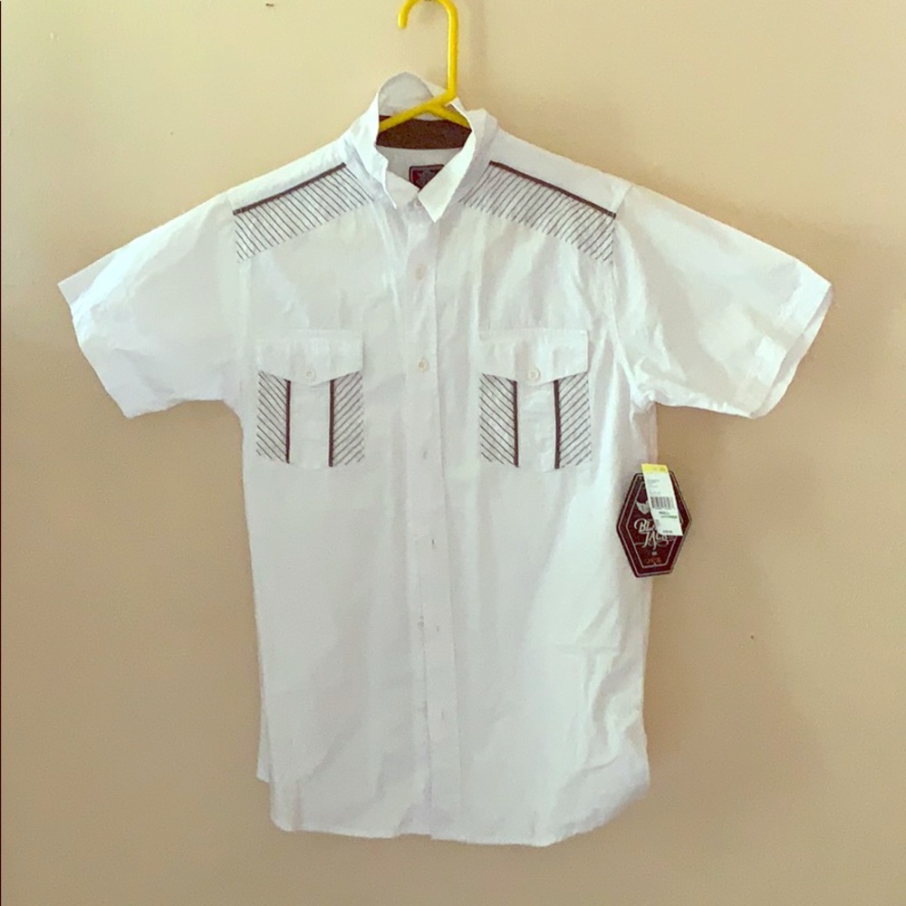 A white shirt with black stripes design in front